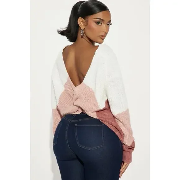 Fashion Nova Womens Twisted Sweater Blush Colorblock Crop Knit Size M NWT Boho - Picture 2 of 7